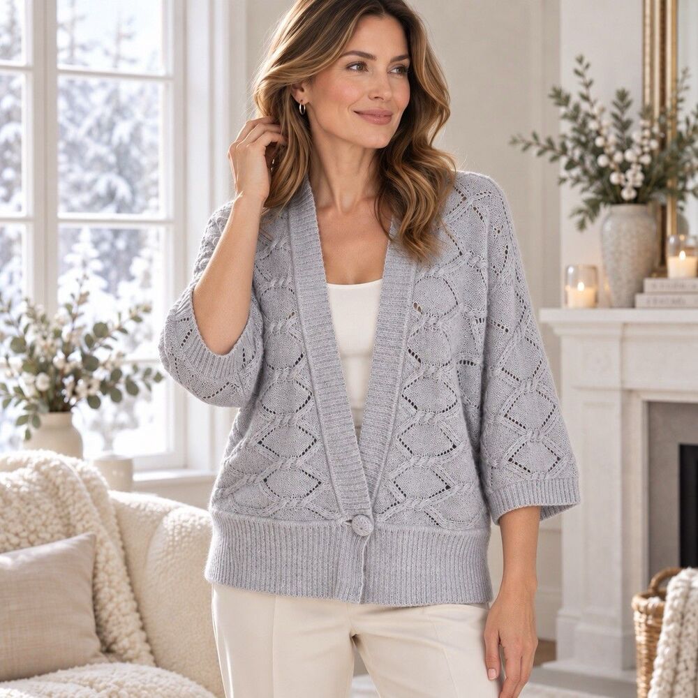 Jones New York collection L grey silver cable knit cardigan crochet button